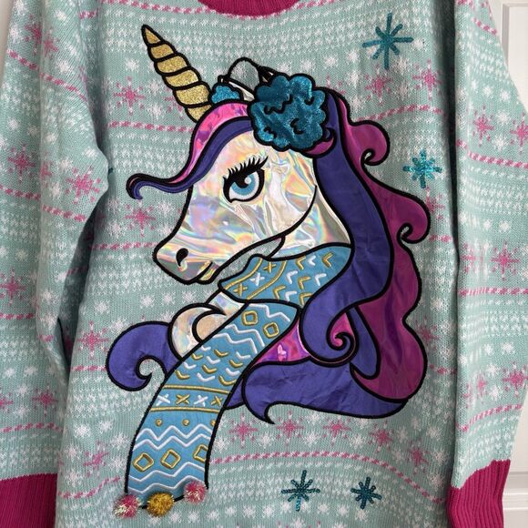 Ugly Christmas Sweater Women Knit Blue Unicorn Pullover Crew Neck Holiday Festiv - Picture 4 of 9